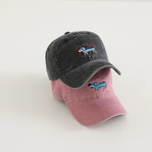 Kids washed baseball hat with cute puppy embroidery, vintage cotton sun hat for boys and girls.