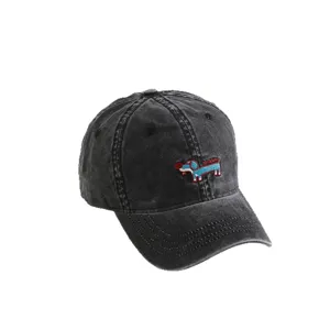 Kids washed black denim baseball cap with cute dog embroidery, trendy autumn sun protection hat.