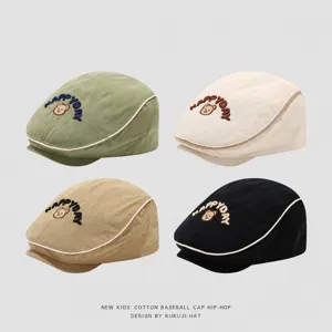 Kids cotton flat cap autumn beret stylish cute bear embroidery four classic colors boy girl