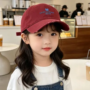 Kids distressed baseball cap with cute bear embroidery, breathable cotton sun hat for boys.