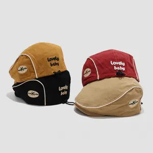 Kids cotton beret cap stylish contrast trim infant hat cute embroidered baby headwear detail