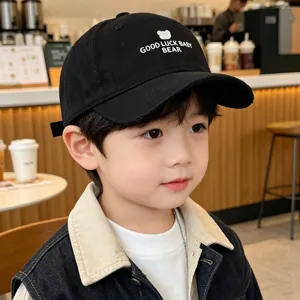 Kids black baseball cap with cute bear embroidery and distressed brim, sun protection hat.