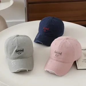 Details of cotton baseball caps with Good embroidery and distressed brim for kids and adults.