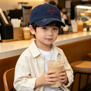 Kids casual distressed baseball cap with cute letter embroidery, breathable sun hat for boys.