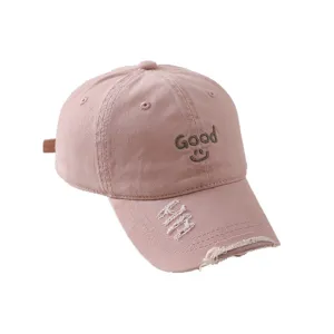 Pink cotton kids baseball cap with embroidered Good letter and distressed brim for sun protection