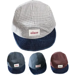 Children's plaid baseball cap with denim brim, cute 5-panel toddler hat for spring autumn.