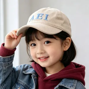 Children's corduroy baseball cap with embroidered letters, beige autumn winter kids hat.