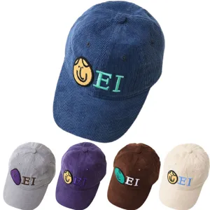 Kids corduroy baseball cap with cute embroidered face and letters, comfortable autumn winter hat.