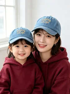 Parent-child matching denim baseball caps with embroidery design, stylish sun protection hats.