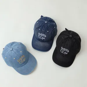 Kids denim baseball cap set, casual sun protection cute embroidered hats for boys and girls.