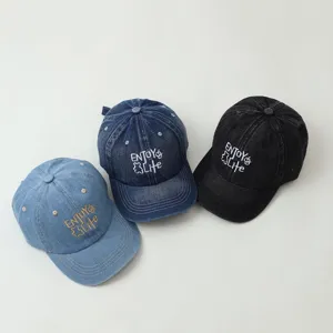 Kids denim baseball cap, casual washed cotton sun hat with cute letter embroidery for boys and girls.