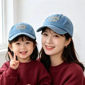 Parent-child denim baseball cap, stylish embroidered letters, soft cotton sun hat for kids.