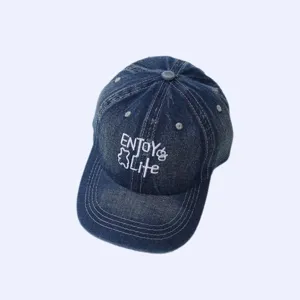 Children blue denim baseball cap, stylish embroidered letters and cute bear design for kids.