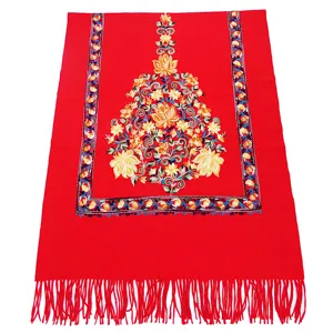 Red embroidered imitation cashmere women shawl fringe detail ethnic winter warm scarf close-up