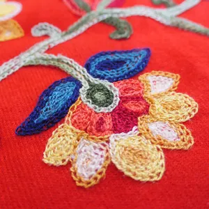 Detailed view of women autumn winter cashmere feel warm scarf with ethnic embroidery floral.