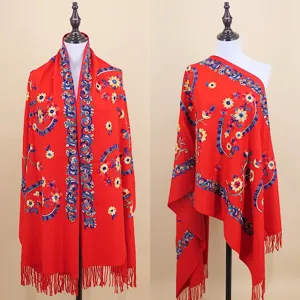 Red paisley embroidered imitation cashmere shawl, winter warm fringe scarf detail view.