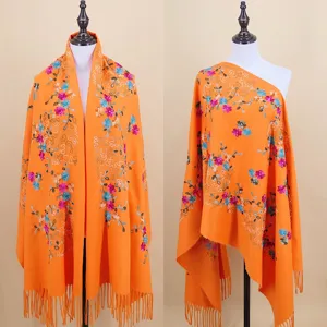 Orange cashmere-feel embroidered floral winter scarf for women ethnic warm shawl.
