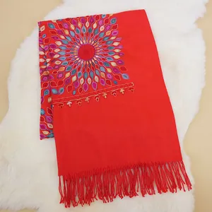 Ethnic style embroidered red cashmere feel women scarf sunflower warm winter travel shawl wrap