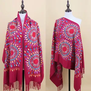 Ethnic floral embroidered imitation cashmere shawl, vibrant sunflower design, warm winter wrap.