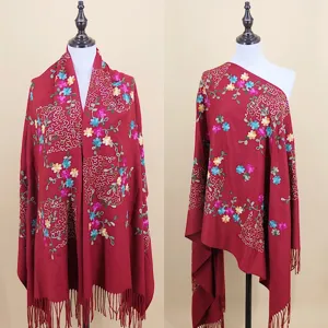 Exquisite red embroidered floral tassel shawl, soft cashmere-feel wrap for women autumn.
