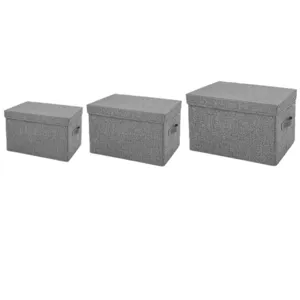 Grey fabric storage boxes with lids and handles, collapsible clothes organizer set.
