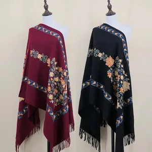 Ethnic Style Blue and White Porcelain Floral Embroidered Cashmere-like Scarf Long Shawl Warm Winter Cape for Women Gift