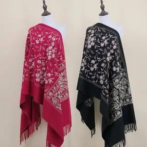 Thickened imitation cashmere shawl scarf with ethnic floral and paisley embroidery design.