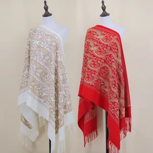 Elegant gold thread paisley embroidered imitation cashmere warm shawl cloak scarf for women 330g