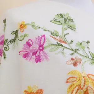 Close-up detail of women's embroidered floral scarf shawl with delicate colorful vine patterns.