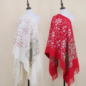 Women Winter Thickened Imitation Cashmere Scarf Paisley Floral Embroidered Tassels Warm Long Shawl Cape Stole