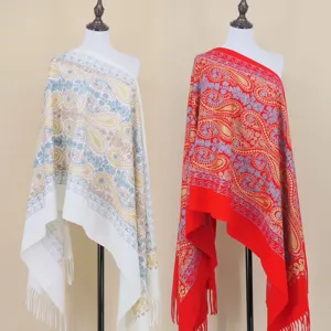 Ethnic style paisley embroidered cashmere-feel shawl for women, warm winter cape scarf.