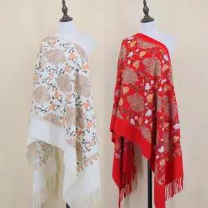 Embroidery cashmere feel shawl detail, floral pattern tassels winter warm scarf wrap.