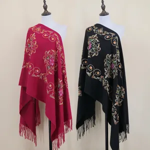 Women Ethnic Style Embroidered Tassels Imitation Cashmere Scarf Winter Warm Shawl