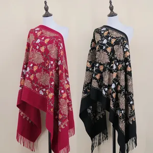 Imitation cashmere floral embroidered shawl cloak with delicate fringe, ethnic style, warm.