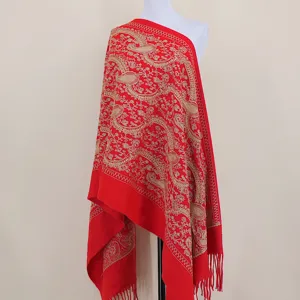 Red gold paisley embroidered cashmere feel winter warm shawl tassel wrap scarf for women