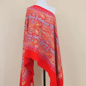 Red paisley gold embroidered cashmere feel women shawl scarf winter warm cape cloak.