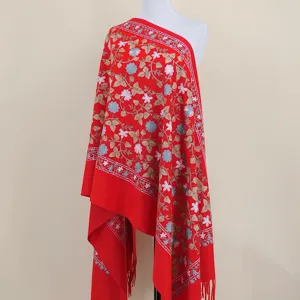 Red cashmere-feel embroidered floral scarf shawl ethnic style warm winter cape apparel
