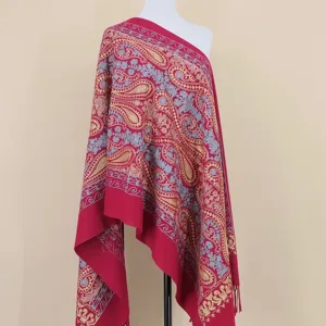 Elegant red imitation cashmere shawl with golden paisley embroidery, cozy winter wrap.