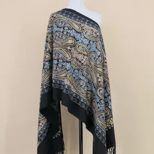 Detailed view of women's ethnic style imitation cashmere paisley embroidered warm shawl scarf.