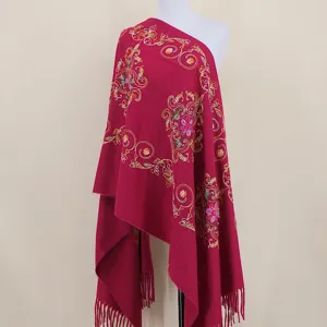 Embroidered imitation cashmere shawl scarf with fringe ethnic style winter warm cape detail.
