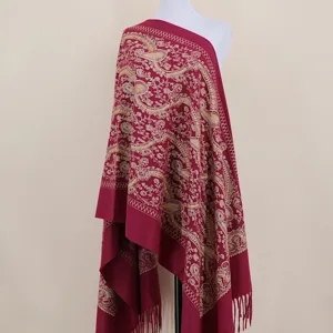 Elegant gold paisley embroidered imitation cashmere warm shawl and cape for women winter accessory.