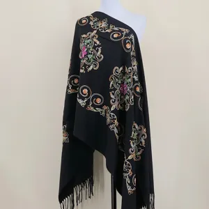 Black ethnic floral embroidered imitation cashmere shawl warm winter fringe cloak scarf