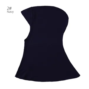 Detail view of solid color breathable mercerized cotton hooded dickey in navy blue.