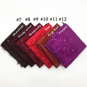 Katoenen linnen effen hoofddoek sjaal met kanten afwerking en mooie parel decoratie.