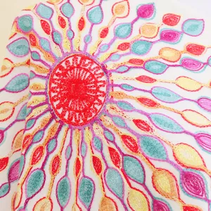 Close-up detail of a colorful ethnic embroidered cashmere-feel shawl with mandala sunflower motif.