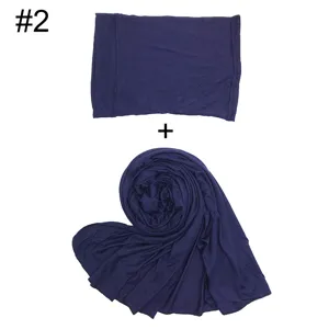 Einfarbig Baumwolle Jersey Damen Schal und Innere Kappe Set Dunkelblau Weicher Hijab neu