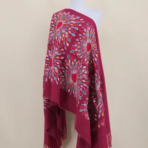 Embroidery cashmere feel winter shawl, colorful sunflower pattern warm women fashion scarf.
