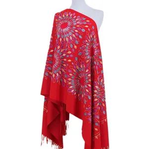 Cashmere feel embroidered sunflower shawl ethnic festival red cape winter warm scarf main