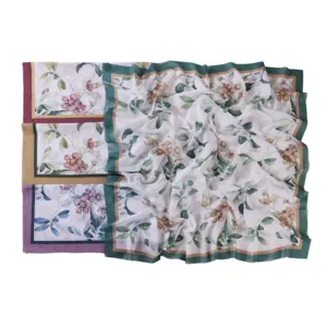 Elegant Floral Printed Wavy Cut Edge Large Square Scarf Women Fashion Versatile Polyester Hijab Neck Scarf