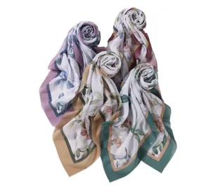 Elegant floral printed large square scarf with wavy cut edges, versatile floral silk scarf headscarf.